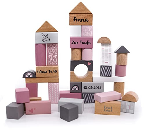 KIDSLINO Niedliche Stapelsteine aus Holz I personalisierbare Bausteine ab 2 Jahren in rosa I Motorikspielzeug mit Holzbox 50 Stück I buntes Holzspielzeug als Taufgeschenk für Jungen und Mädchen