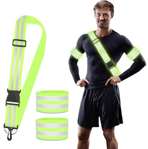 CAINCAY Reflective Sash 3 Pieces Reflective Running Gear High Visibility Safety Reflective Sash with Clip, Adjustable Reflective Belt with Reflective Armbands for Night Walking Cycling