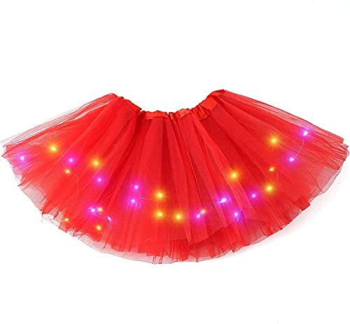 Carnavalife Falda de Tul Niña Mujer con Luz LED, Falda Tutú Colores para Disfraz de Niña Mujer, Falda de Baile de Princesa de Tul Luminosa para Fiestas de Cumpleaños, 40cm (ROJO)