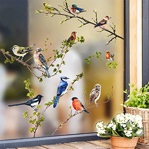 Yeysynana Static Window Clings Spring Flower Bird Butterfly Stickers Reusable DIY Floral Tree Branches Decals Double Sided Anti Collision Non-Adhesive Cling for Home Office Decor (E)