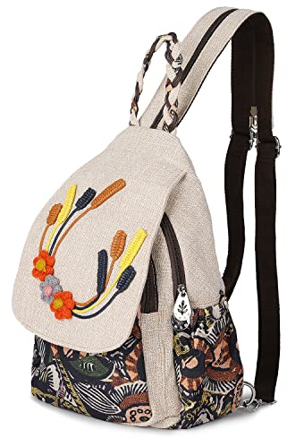 AULUDA Umwandelbare Schultertasche für Mädchen, Handarbeit, Kunsthandwerker-Geldbörse, schöner Canvas-Premium-Mini-Rucksack für Frauen, Triple Daisy, Medium, Ethno-Stil