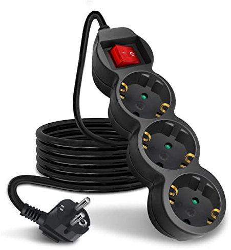 EXTRASTAR Steckdosenleiste 3-Fach Mehrfachsteckdose mit Save Energy Schalter zum Stromsparen, Kabel 3 m, Kindersicherung 16A, 3680W, Schwarz
