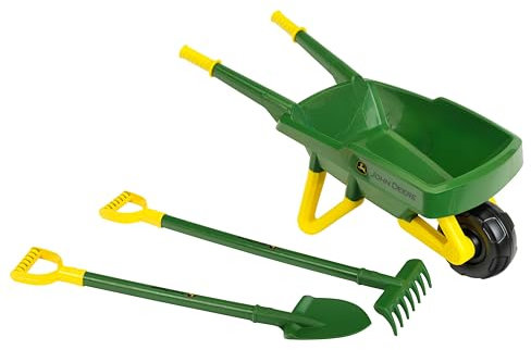 Theo Klein 3952 John Deere Schubkarren Set I Robustes Gartengeräte-Set für Kinder I Inkl. Schaufel und Rechen I Spielzeug für Kinder ab 3 Jahren