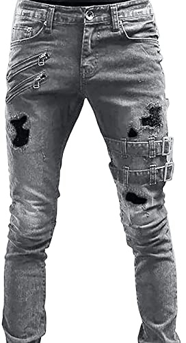 Jeans déchirés pour hommes avec effet stretch, lavés, effet vieilli, jambe effilées en denim avec fermeture éclair, boucle décorative, sangle, style Hip Hop gothique punk, coupe slim skinny pour moto