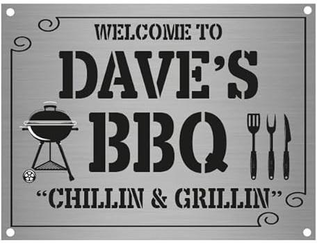Personalised Home BBQ Sign, Aluminium Garden Bar Plaque, A5, 20 x 15 cm | Brushed silver metal sign, custom name or wording, suitable for home bars, BBQ areas, gardens and patios, personalised gift