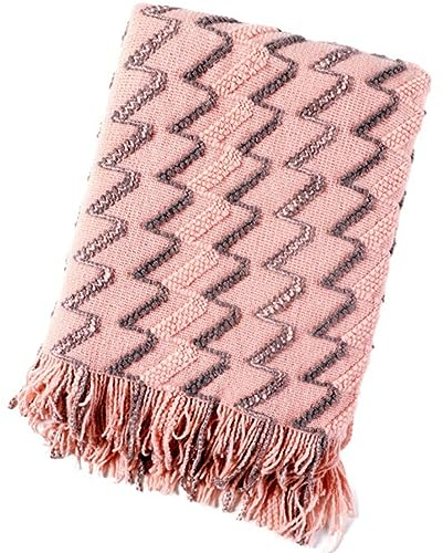 Zoomlie Schlichte Strickdecke mit Fransen, Sofa-Decke, leicht, weich, warm, Tagesdecke, 127 x 172 cm, bequemer Bezug für Bett, Sofa, Stuhl, alle Jahreszeiten (Rosa)