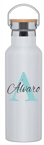 C&P Botella personalizada con nombre + inicial, Botella original tapón a rosca en acero inox, con detalle de bambú y asa integrada térmica de doble Capa bebidas frías 24h y Calientes 12h, 500 ml…