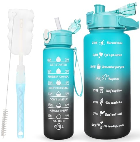 CodiCile 2 Pack Trinkflasche BPA-frei 2L+750ml, Sport-Trinkflasche mit Zeitmarkierung & Strohhalm, 2 Liter fürs Fitnessstudio mit Bürste, Großer motivierender Zeitmarker Wasserflasche