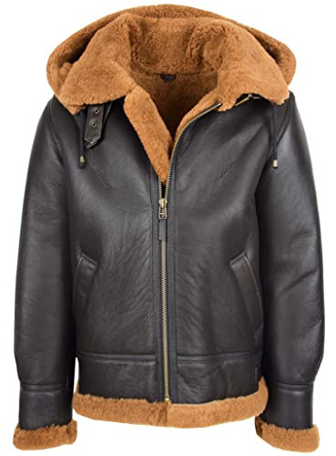 Divergent Retail Myles Herren Klassische Schaffell Jacke Mit Abnehmbarem Hoodie Braun, braun, XXL