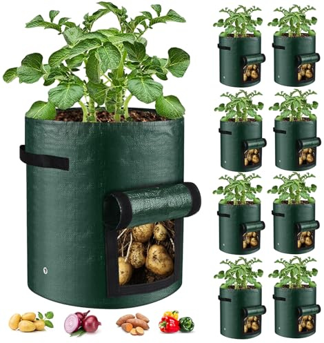 BIJOKETTEN 10 Gallon 8-Pack Grow Bags, Durable PE Fabric Pots with Flap and Handles, Green Planter Bags for Potato Vegetables Flowers Herbs Garden Outdoor, 17.7''x13.8'' Large for All Plants Growing