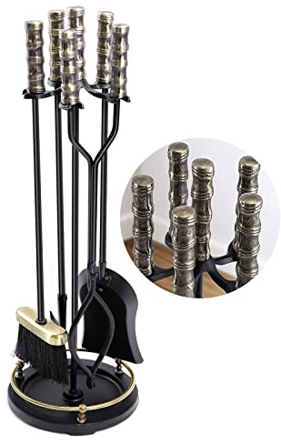 Kaminbesteck-Set, klassischer Stil, rostfrei, 5-teilig, Robustes, goldenes, schwarzes Ofen- und Feuerbesteck-Set, Werkzeugset für Kamin, Feuerstelle, Kamin-Set, Dekoration für den Kamin