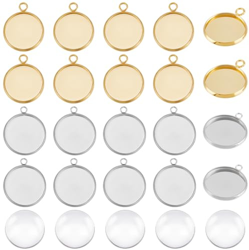 UNICRAFTALE 40 Stk 2 Farben Cabochon Anhänger Set Gold Cabochons Anhänger Tablett Cabochon Rohlinge Rund Anhänger Lünette Edelstahl Blanko Anhänger Herstellungsset DIY Schmuck Selber Machen Set