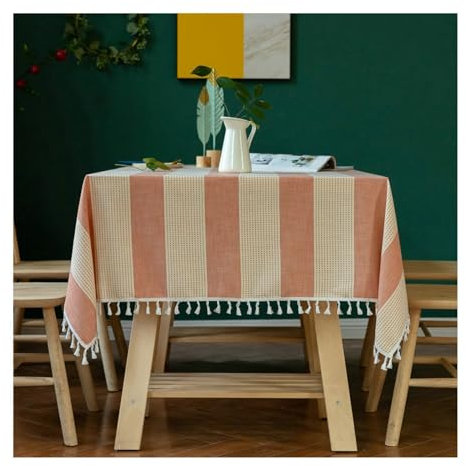 BCughia Tischdecke 110x110 Orange, Tischdecke Wasserdicht Quadratisch Baumwolle Leinen Streifen mit Quasten Tischbedeckung für Küche Esstisch Dekoration