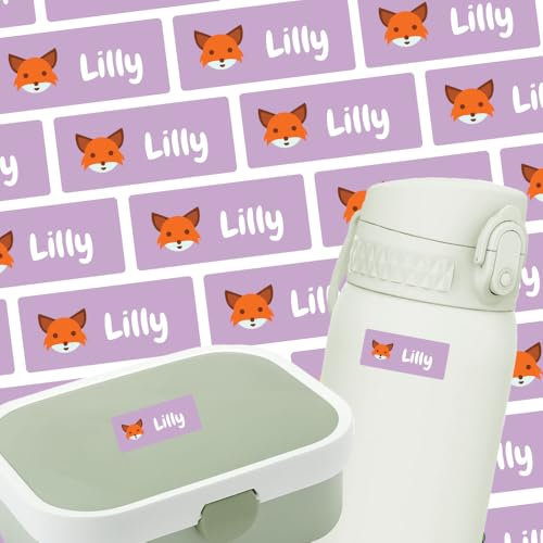 Namensaufkleber für Flasche & Brotdose (125 Sticker) – Aufkleber mit Name und Fuchs für Brotdosen oder Flaschen – Ideal für Schule und Kindergarten – Wasserfest, Spülmaschinenfest, 30 x 13 mm