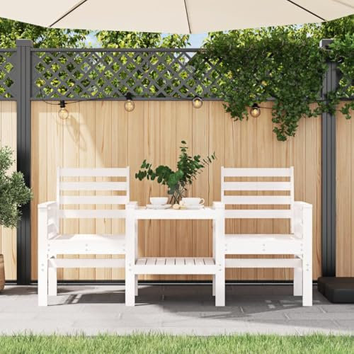 TEHTX7 Gartenbank Garten Terrasse Balkon Bank Balkonbank Gartenmöbel mit Tisch 2-Sitzer Weiß Massivholz Kiefer