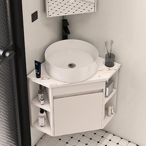 Waschbecken badezimmer,Waschbecken Waschtisch Badezimmer,Eckwaschbecken Keramik,mit rundem Keramik-Aufsatzwaschbecken und seitlicher Ablage,waschbeckenunterschrank hängend für kleine Räume(38CM)