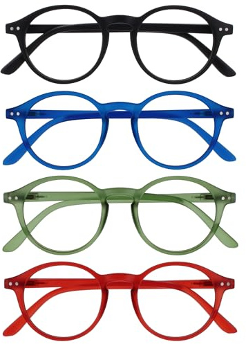 OPULIZE REY Lunettes de Lecture - Lot de 4 - Montures Rondes Rétro - Noir Mat, Bleu, Vert, Rouge - Hommes Femmes - Charnières à Ressort - RRRR56-136Z - +2.50