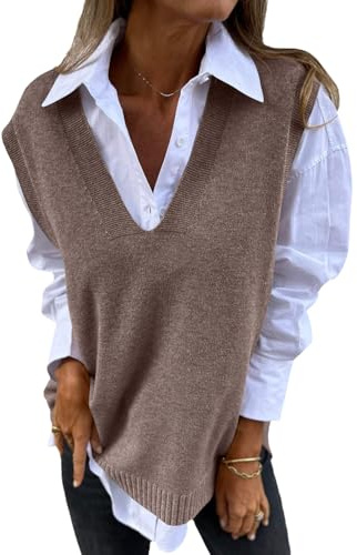 shownicer Donna Maglia Senza Maniche Maglioni Classico Vintage Scollo A V Gilet Autunno Casuale Pullover Gilet Gilet Top K Cachi L