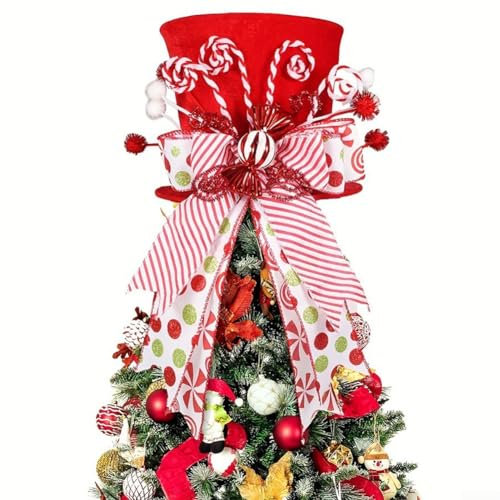 Puntale per Albero di Natale, 8inch Grande cima rossa dell'albero di Natale con Fiocco di Caramelle per Casa Natales Inverno Festa Decorazione Desktop Ornamenti