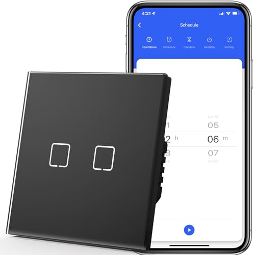 MVAVA Interruptor Tactil Inteligente,WIFI Interruptores de Luz Con Cristal,Compatible con Alexa/Tuya/Smart Life,Requiere Cable Neutro,2 Gang 1 Vía,86mm Negro