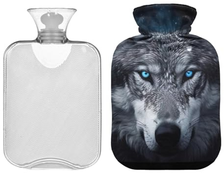 Wolf und See Wärmflasche mit Samtbezug, 2L Transparenter Wärmbeutel zur Linderung von Nacken- und Schulterschmerzen, Hand-Fußwärmer