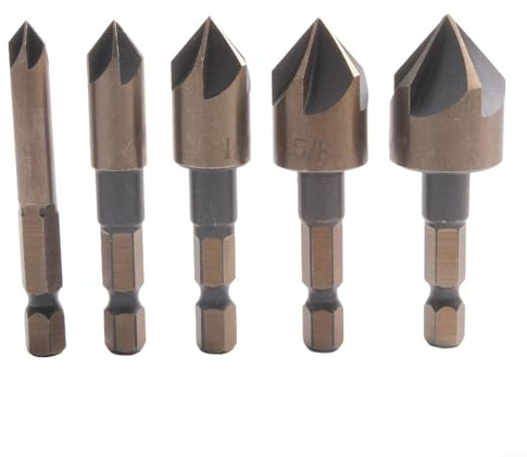 Besttoolifes Juego de 5 brocas avellanadas de cobalto M35 de 82 grados, 5 flautas, vástago hexagonal, kit de herramientas de perforación de metal para acero inoxidable, madera, aluminio, 5 tamaños 1/4
