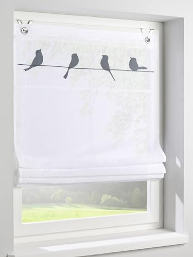 Store bateau Gravelot avec motif oiseaux gris – Store enrouleur semi-transparent à œillets pour fenêtre de 45 x 140 cm, montage sans perçage