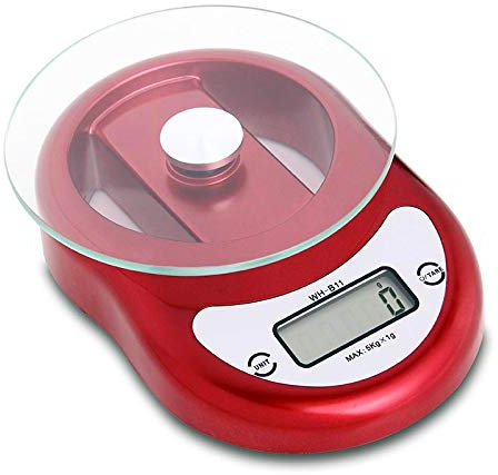 Bilancia da Cucina Elettronica 5 kg/1 g, Bilancia Digitale per Alimenti, Bilancia Postale, Orologio, Funzione Conto alla rovescia, misurazione precisa (Rosso 5 kg)