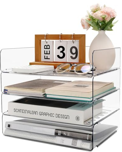 Aevcvok Lot de 4 Corbeille a Courrier Empilable - Bac a Courrier A4 Transparente en Pet - Banette Bureau - Rangement Bureau, Maison, École