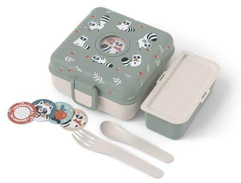 monbento Snacky grön tvättbjörn smörgåslåda för barn - smörgåslåda för barn - bestick ingår - anpassningsbar låda - perfekt för skola/picknick - BPA-fri - tvättbjörn