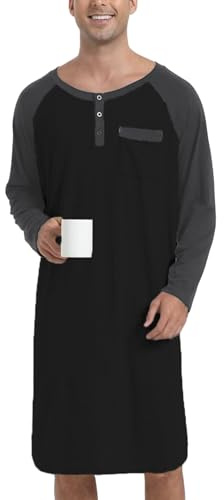Enjoyoself Chemise de Nuit Homme Hauts de Pyjama Tee-Shirt Longueur Genou Manches Longues Col V avec Boutons Vêtements d'Intérieur Douce Confortable Grande Taille Noir+Gris foncé 3XL