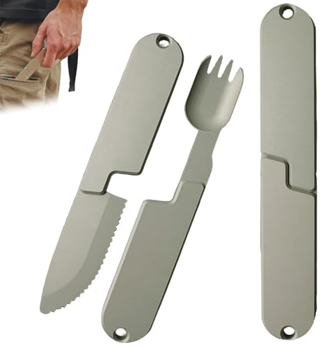 Set di utensili da campeggio 2 in 1, con coltello staccabile e forchetta, con cucchiaio magnetico e forchetta, strumento tascabile leggero e riutilizzabile, per escursioni e viaggi (1 pezzo)