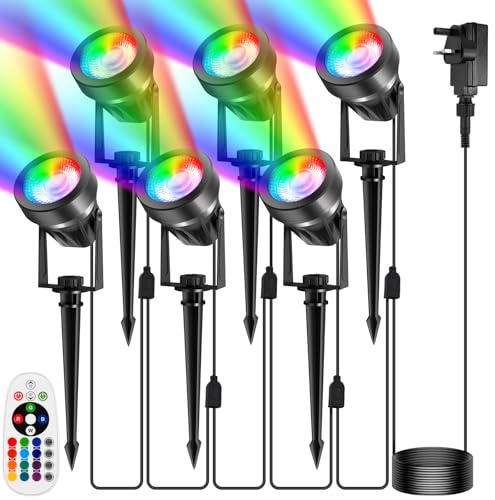 ILIKEPOW 6-in-1 RGB Garden Spotlights Mains Powered, IP65 Waterproof Landscape Spot Lights Colour-Changing LED Outdoor Spike Lights with Remote & Adapter 33.5FT Cable for Lawn, Pathway, Yard Decor