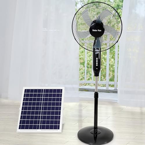 Ventilador de pie solar de 16 pulgadas, recargable con panel solar, ideal para exteriores, ideal para picnics y fiestas; 3 velocidades, altura ajustable, dos modos de carga.