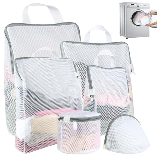 6 stycken tvättnät för tvättmaskin, tvättpåse i 5 storlekar, tvättpåse tvättmaskin med dragkedja och handtag, återanvändbar tvättpåse för skjortor, rockar, underkläder, babykläder