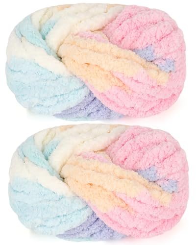 Reessy Chunky Yarn for Hand Knitting, 2×250g Super Chunky Wool Rainbow | Soft Thick Wool Jumbo Yarn for Crocheting, Fluffy Rainbow Blanket Yarn for Knitting Blanket Pet Bed Mats Sofa Mats