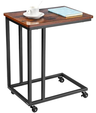 VEVOR Table d'appoint mobile en forme de C, bouts de canapé avec cadre en métal et roulettes, support d'extrémité portable 500 x 350 x 605 mm, table basse pour salon, chambre à coucher, bureau, marron