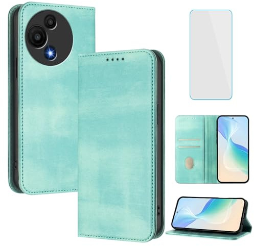 OUEAYIEN Funda para teléfono TCL 60 SE/TCL 605 con protector de pantalla, bloqueo RFID, de piel, función atril, ranura para tarjetas, funda para teléfono móvil vintage para TCL60, SE, T517D, T517H