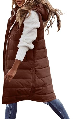 Long Puffer Vest Women Winter Sleeveless Quilted Hooded Long Puffy Jacket Warm Thick Quilted Outerwear with Pockets