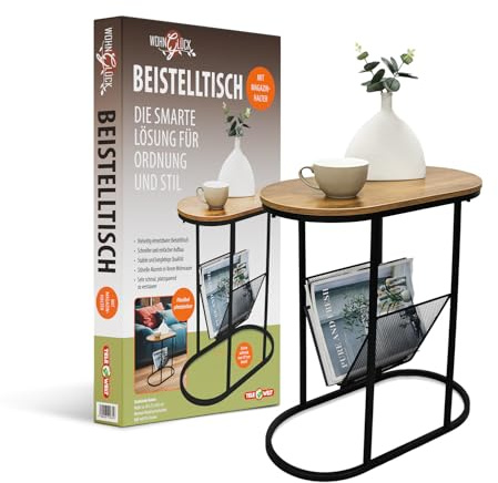 TELE WELT Beistelltisch [Mit Magazinhalterung] Couchtisch – oval – Beistelltische für Wohnzimmer – Holz – Sofatisch – Side Table – sofaboard – Betttisch