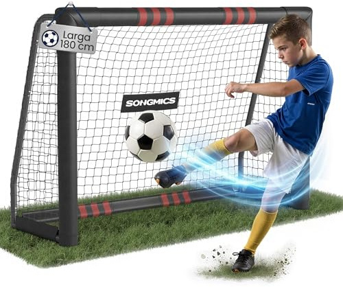 SONGMICS Portería de Fútbol, para Todas Las Edades, de Acero, Red de PE, para Exterior, Jardín, Playa, 60 x 180 x 120 cm, Revestida de Espuma, Negro SZQ180RZ02