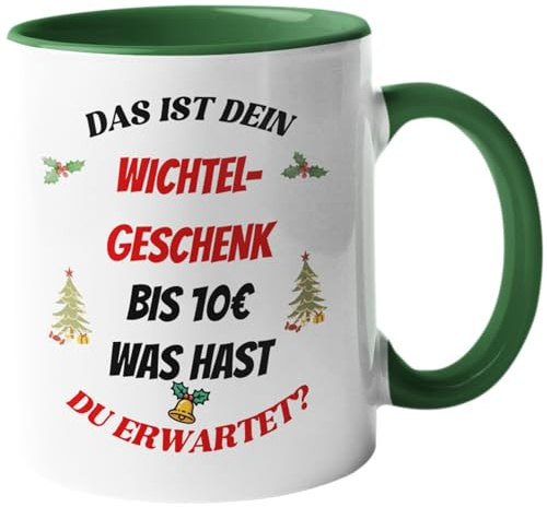 Lustige Wichteltasse – „Das ist dein Wichtelgeschenk bis 10€“ | Geschenkidee für Kollegen & Büro | Lustiges Wichteln Geschenk Weihnachten | Secret Santa Tasse (Grün)
