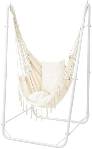 SELFLA Chaise Suspendue en U avec Support, Chaise Suspendue en Acier Robuste avec Support intérieur et extérieur, Base Stable, capacité 100 kg, Assemblage Facile - Blanc