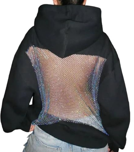 Crystal Mesh Back huvtröja skjorta ledig långärmad pullover topp överdimensionerade sweatshirts med fickor för kvinnor streetwear öppen rygg draperad i kristall nät huvtröja, Svart, S