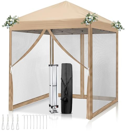 LEADZM Pavillon 2x2 m mit 4 Moskitonetz,Garten Faltpavillon,Khaki | Wasserfestes Material mit UV50-Schutz, höhenverstellbarer stabiler Rahmen,Garten, Terrasse, Camping und gewerbliche Einsätze
