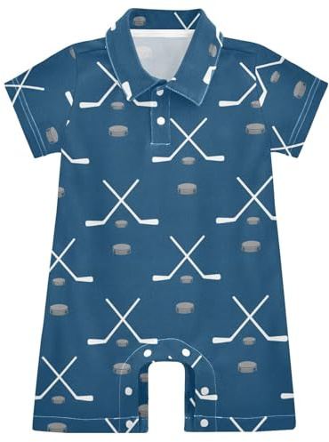 WIFIU Hockey Sticks Pucks Sports Baby Boys Romper Summer Polo Neck Short Sleeve Jumpsuits One Piece Cotton Clothes Outfits for Newborn Infant 3-6 Months