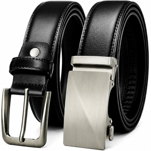 2 Pack Belts for Men | Leather Belts & Gifts Set for Men Dress Work Casual | One Ratchet Belt for Commuting Meetings Weddings One Pin Buckle Belt for Dating Golf Travel