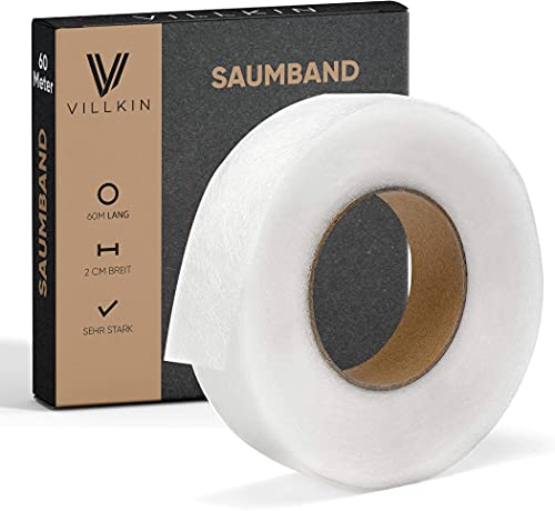 Villkin Saumband 60m Länge und 20mm Breite – Bügelband zum Aufbügeln auf Textilien wie Hosen Gardinen Vorhänge – Saumfließ (Weiß, 20mm x 60m)