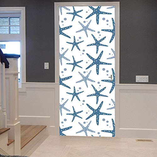 A.Monamour Türtapete Selbstklebend Türfolie Türposter 3D Weiße Blaue Seestern Muscheln Skizzieren Maritimes Dekor Vinyl Folie Türdeko Tapete Wandbild Türaufkleber Türtattoo 77 x 200 cm