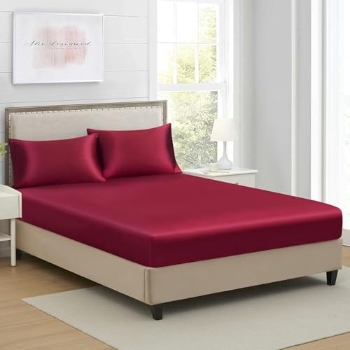 Satin Spannbettlaken 160x200 Boxspringbett Frottee Weinrot Rot Uni Muster Topper Satin Bettlaken Satin Glänzend Seide Spannbetttuch 160 x 200 Spannbetttücher für Hohe Matratze bis 25-30 cm